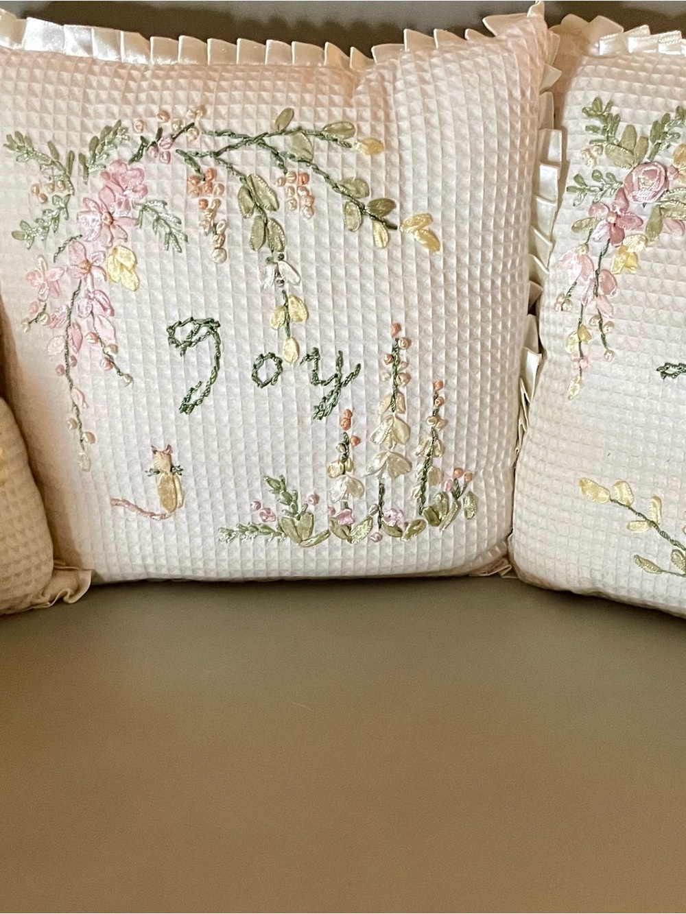 3 Love, Peace & Joy Embroidered Floral White Decorative Throw Pillows - Pastel